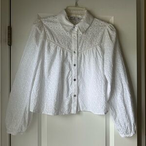White Eyelet Zara Cropped Blouse w/ pearlized buttons